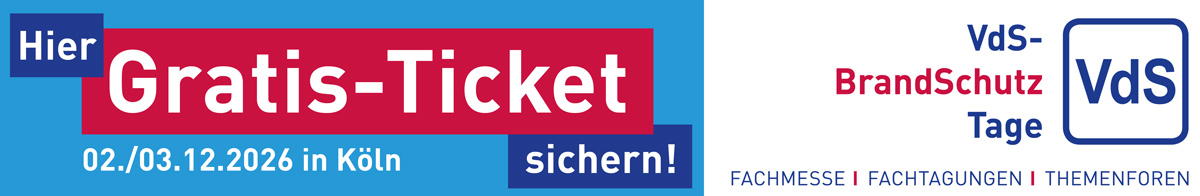 VdS-BrandSchutzTage 2026 · Fachmesse, Fachtagungen, Themenforen · Hier Gratis-Ticket sichern · 02./03.12.2026 in Köln